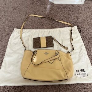 Authentic Coach butter yellow leather crossbody with matching wristlet/wallet.